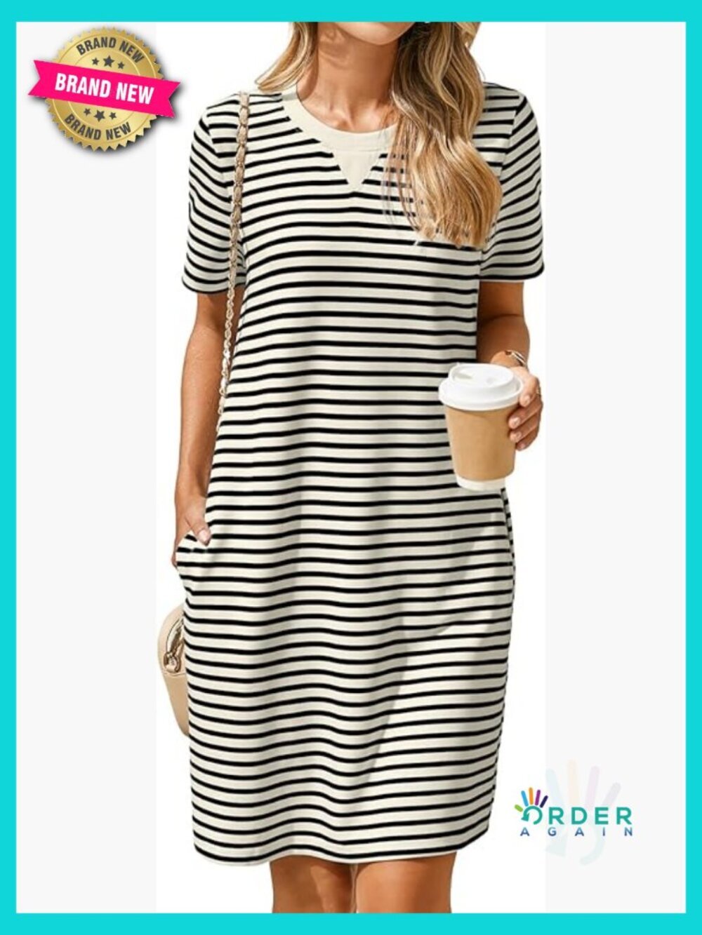 Striped Shift Dress Casual Short Sleeve Knee Length Comfy with Pockets